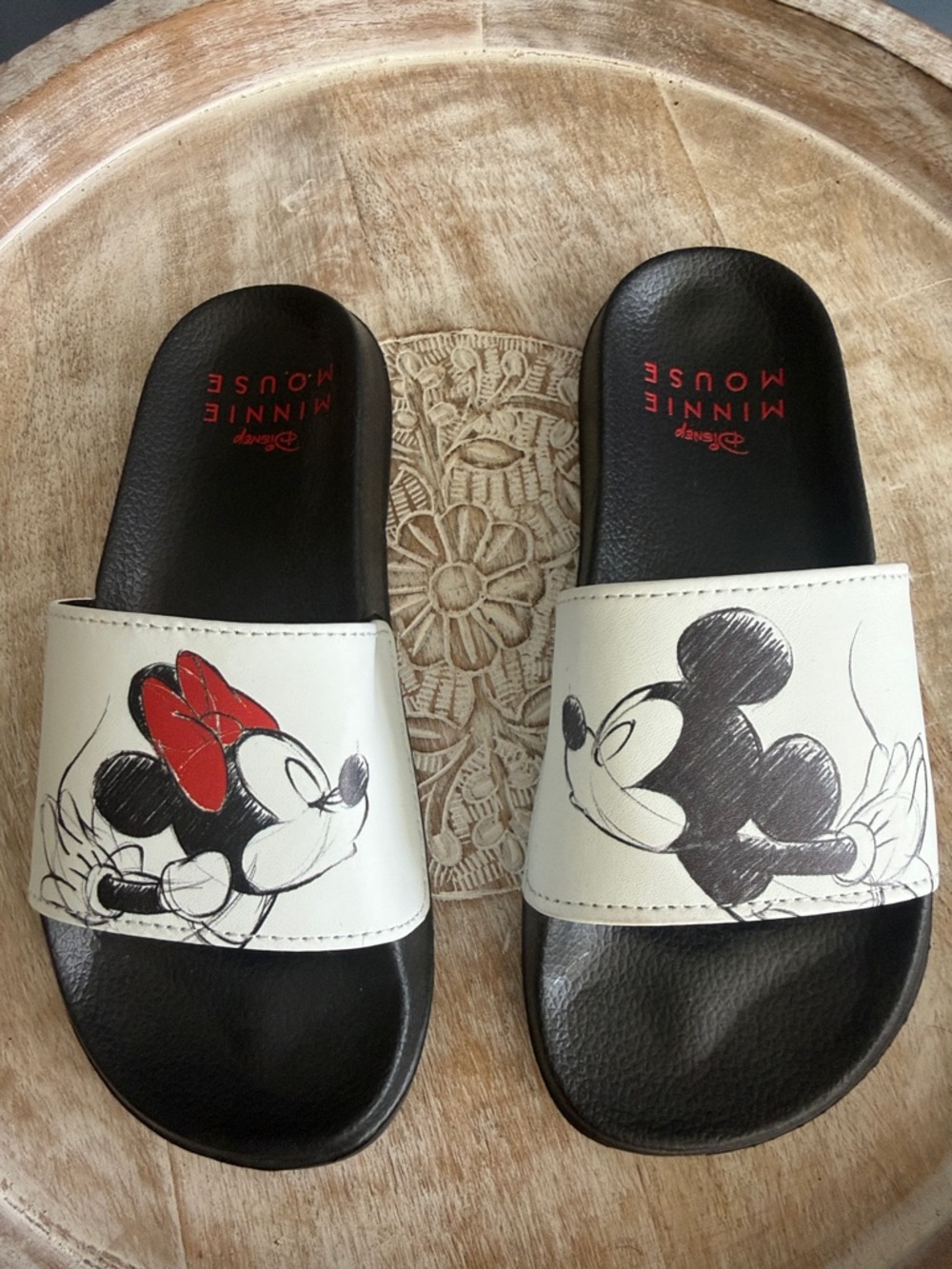Disney Black & White Kids Minnie and Mickey Slide Sandals with Red Bow
